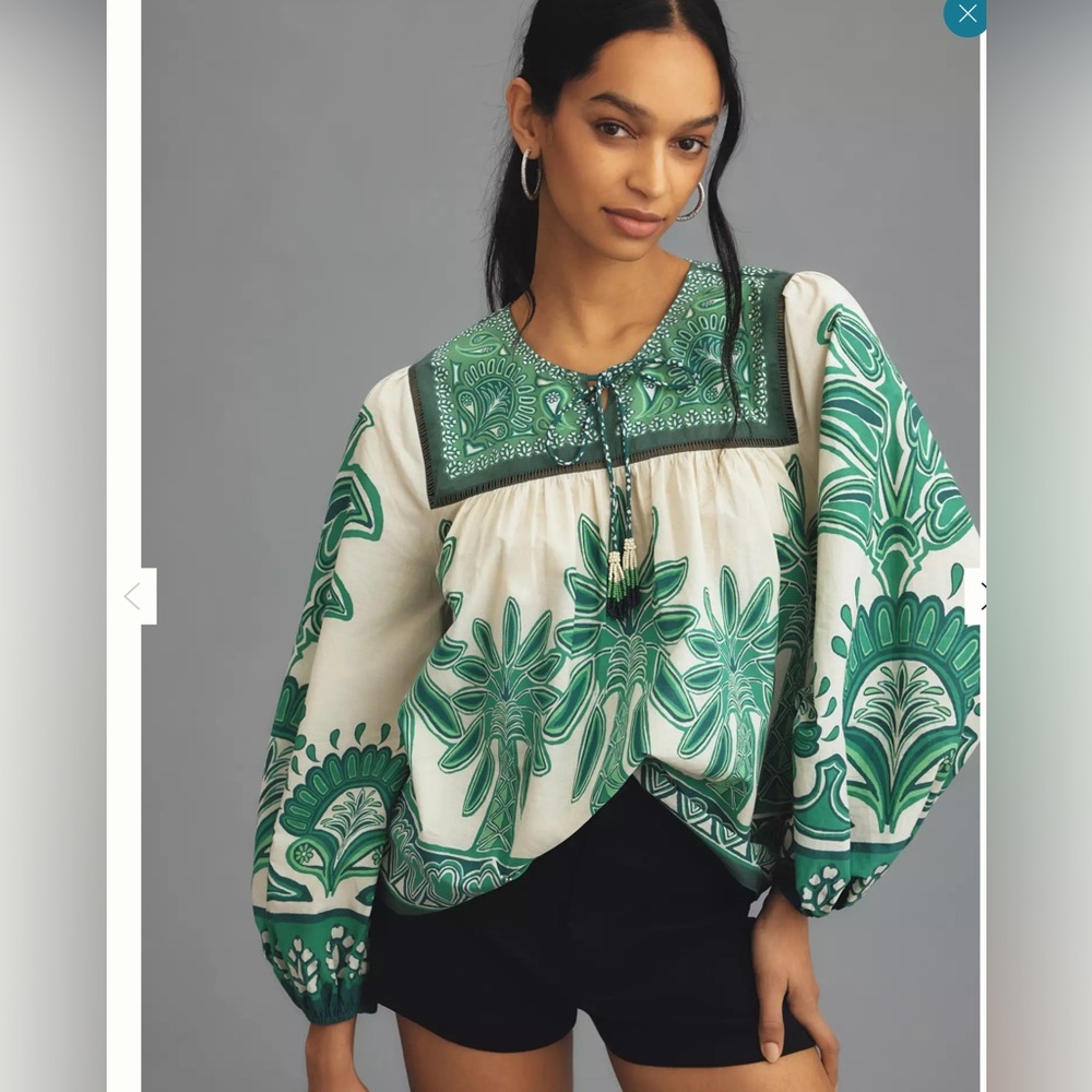Farm Rio Printed Linen swing blouse xxs xs green